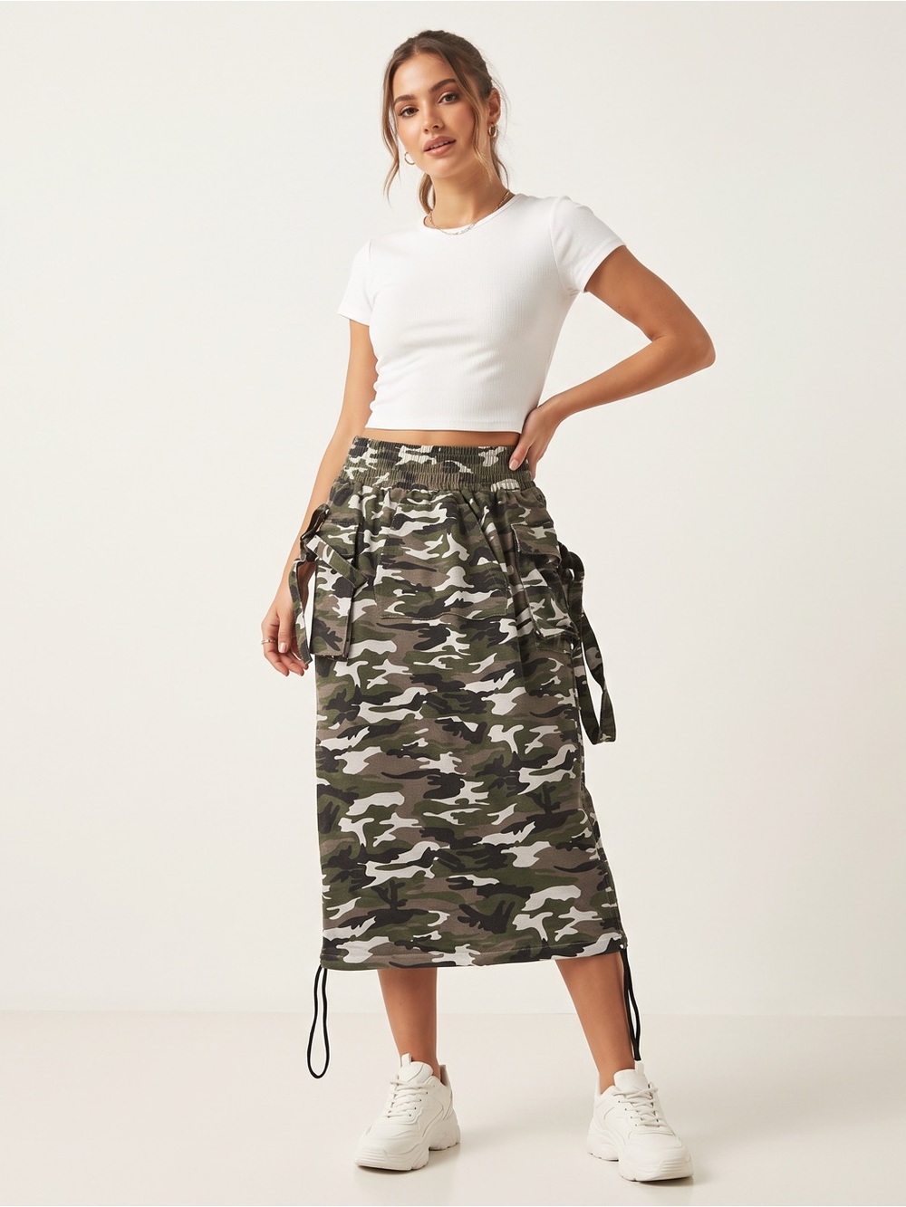AKIRA Try Me B Ruched Camo Cargo Midi Skirt
